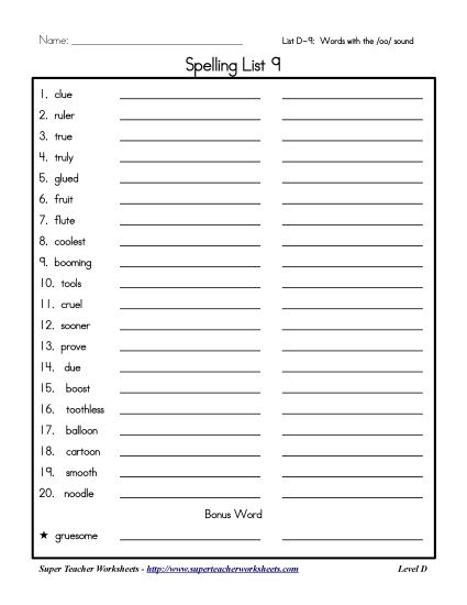 List D-9 - List 9: Word List (Printable PDF Worksheet)