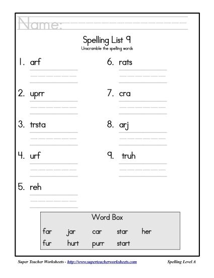 List A-9 - List 9: Word Scramble (Printable PDF Worksheet)