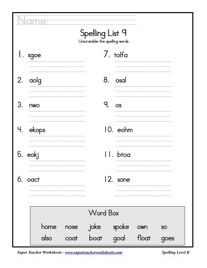 List B-9 - List 9: Word Scramble (Printable PDF Worksheet)
