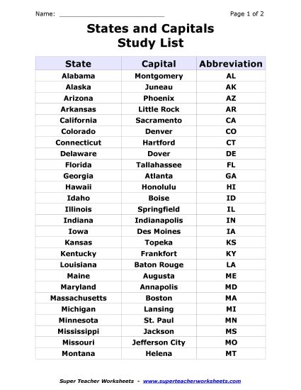 U.S.A. Maps - List of States and Capitals  (Printable PDF Worksheet)