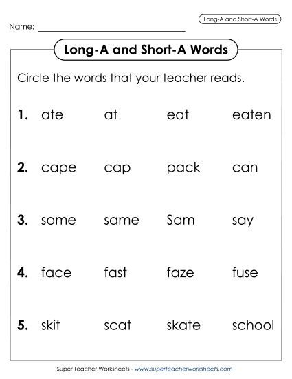 Listen and Circle: Long A and Short A (Printable PDF Worksheet)