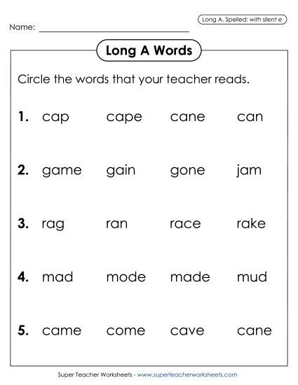 Worksheets - Listen and Circle: Long A (with silent e) (Printable PDF Worksheet)