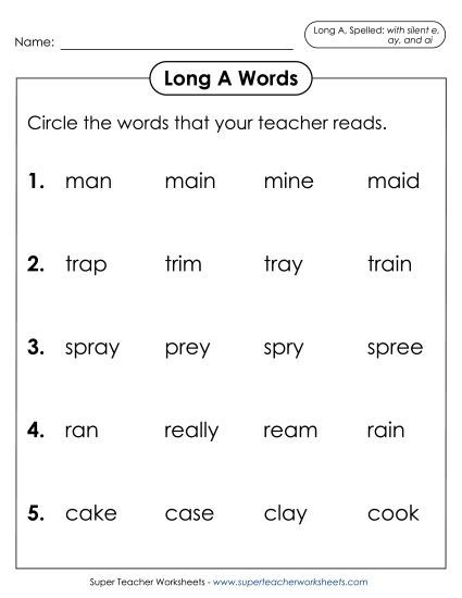 Worksheets - Listen and Circle: Long A (with silent e, ay, and ai) (Printable PDF Worksheet)