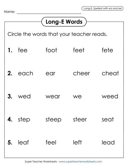 Worksheets - Listen and Circle (Long E) (Printable PDF Worksheet)