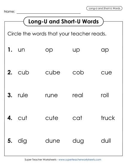 Listen and Circle: Long U and Short U (Printable PDF Worksheet)