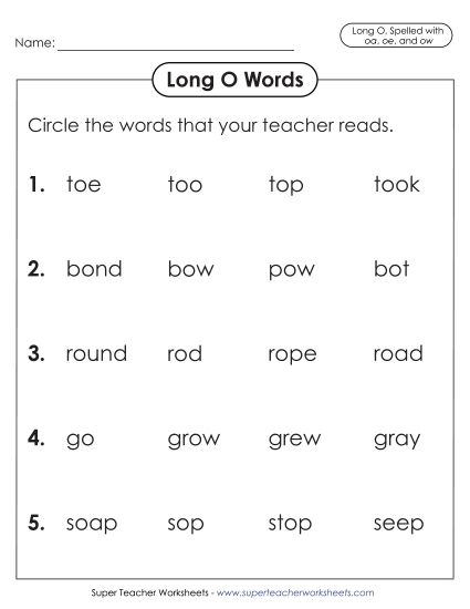 Worksheets - Listen and Circle (oa, oe, and ow) (Printable PDF Worksheet)