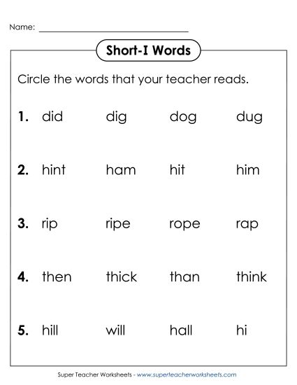 Worksheets - Listen and Circle: Short I (1) (Printable PDF Worksheet)