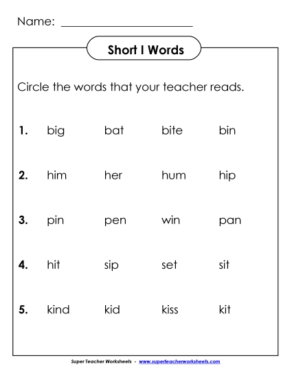 Short I CVC Words - Listen and Circle: Short I CVC Words  (Printable PDF Worksheet)