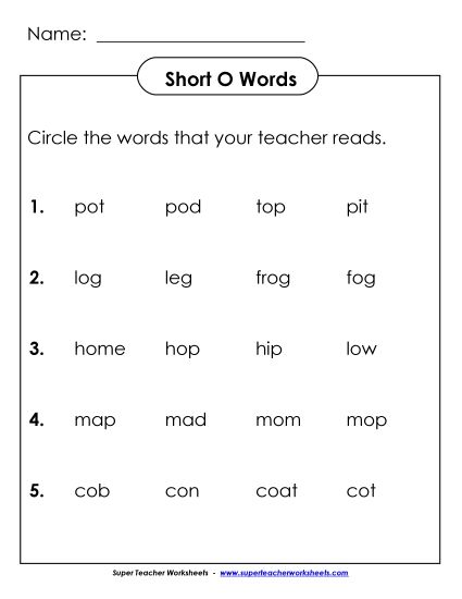 Worksheets - Listen and Circle: Short O (Printable PDF Worksheet)