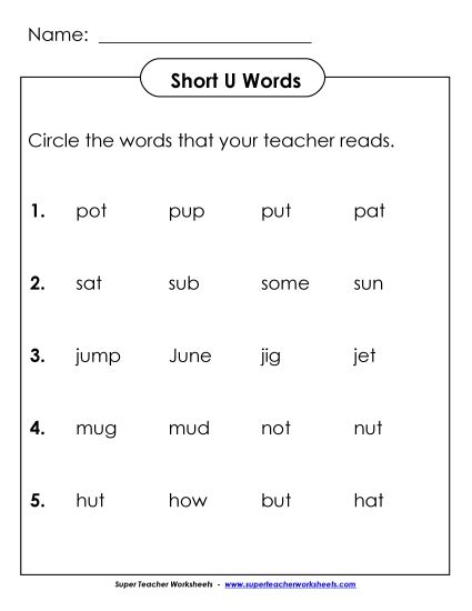 Worksheets - Listen and Circle: Short U (Printable PDF Worksheet)