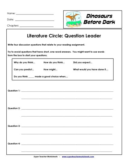 Dinos Before Dark Literature Circles - Lit. Circles: Question Leader (Printable PDF Worksheet)