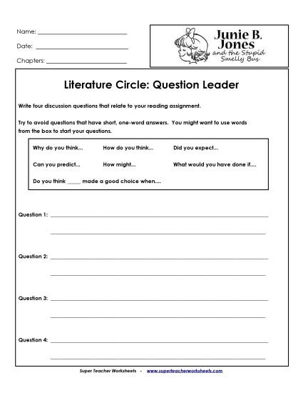 Junie B. Jones Literature Circles - Lit. Circles: Question Leader (Printable PDF Worksheet)