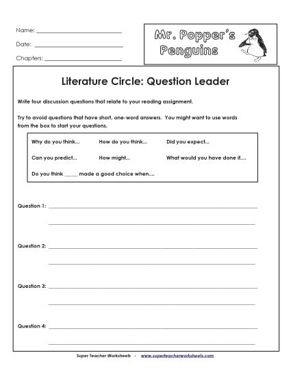 Literature Circles - Lit. Circles: Question Leader (Printable PDF Worksheet)
