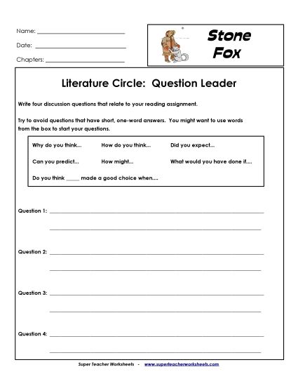 Stone Fox Literature Circles - Lit Circles: Question Leader (Printable PDF Worksheet)