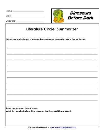Dinos Before Dark Literature Circles - Lit. Circles: Summarizer (Printable PDF Worksheet)