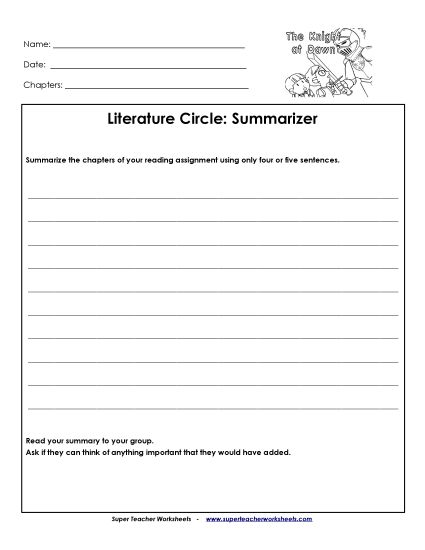 Knights at Dawn Literature Circles - Lit Circles: Summarizer (Printable PDF Worksheet)