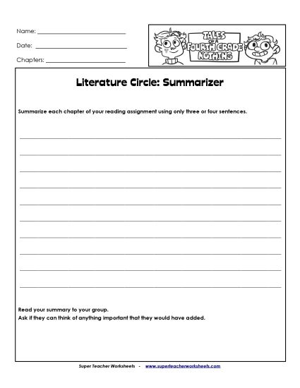 T.O.A.F.G.N. Literature Circles - Lit. Circles: Summarizer (Printable PDF Worksheet)