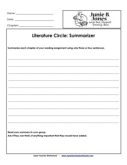 Junie B. Jones Literature Circles - Lit. Circles: Summarizer (Printable PDF Worksheet)