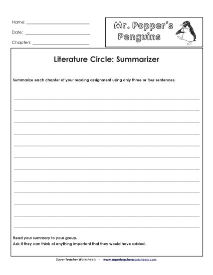 Literature Circles - Lit. Circles: Summarizer (Printable PDF Worksheet)