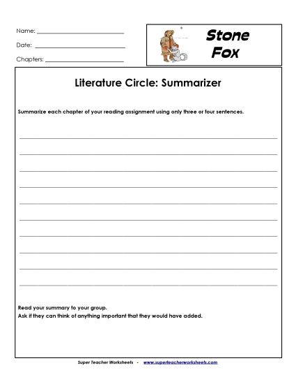 Stone Fox Literature Circles - Lit Circles: Summarizer (Printable PDF Worksheet)