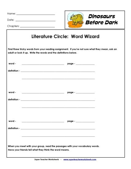 Dinos Before Dark Literature Circles - Lit. Circles: Word Wizard (Printable PDF Worksheet)