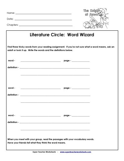 Knights at Dawn Literature Circles - Lit Circles: Word Wizard (Printable PDF Worksheet)