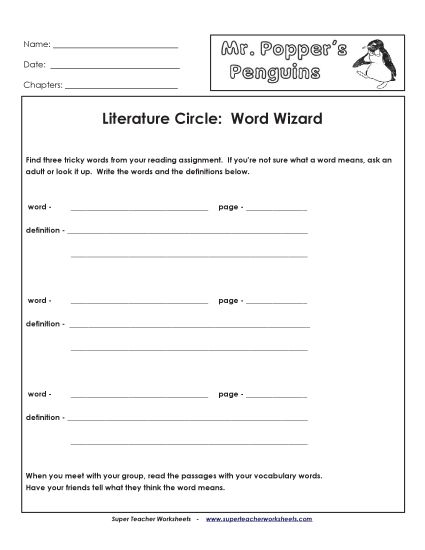 Literature Circles - Lit. Circles: Word Wizard (Printable PDF Worksheet)