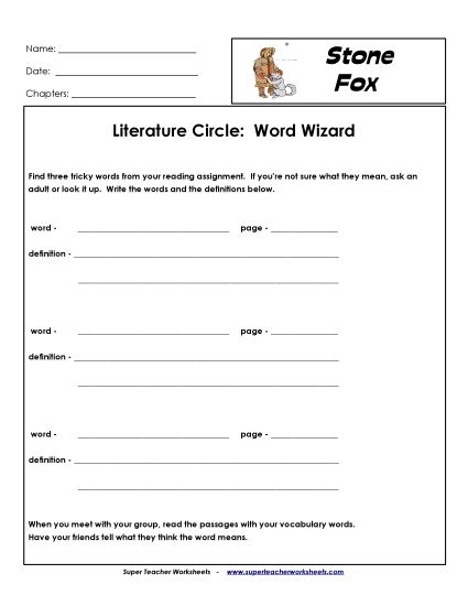 Stone Fox Literature Circles - Lit Circles: Word Wizard (Printable PDF Worksheet)