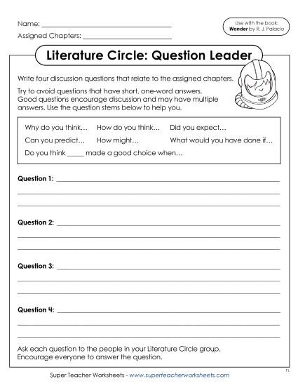 Literature Circle Worksheets - Literature Circle: Question Leader (Printable PDF Worksheet)