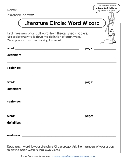 Literature Circle Worksheets - Literature Circle: Word Wizard (Printable PDF Worksheet)