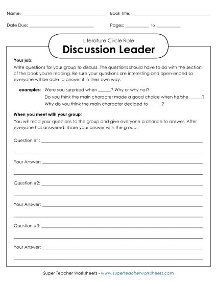 Literature Circle Roles - Literature Circles: Discussion Leader (Printable PDF Worksheet)