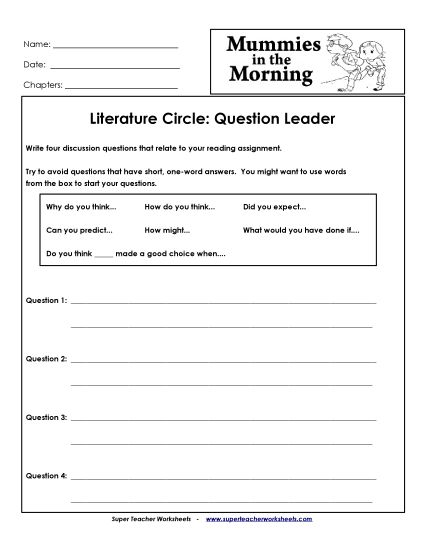 Mummies in the Morning Literature Circles - Literature Circles: Question Leader (Printable PDF Worksheet)