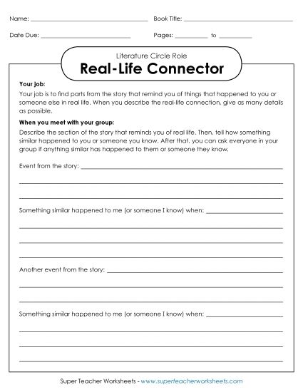 Literature Circle Roles - Literature Circles: Real-Life Connector (Printable PDF Worksheet)