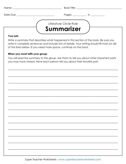 Literature Circle Roles - Literature Circles : Summarizer (Printable PDF Worksheet)