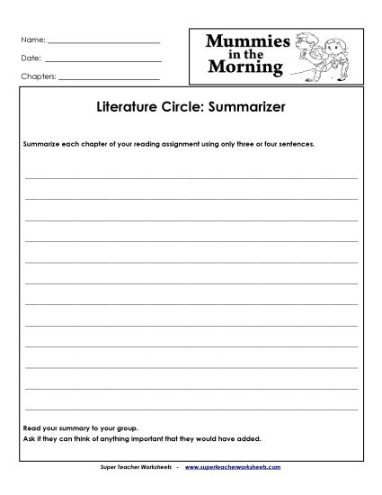 Mummies in the Morning Literature Circles - Literature Circles: Summarizer (Printable PDF Worksheet)