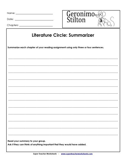 Literature Circles - Literature Circles: Summarizer (Printable PDF Worksheet)
