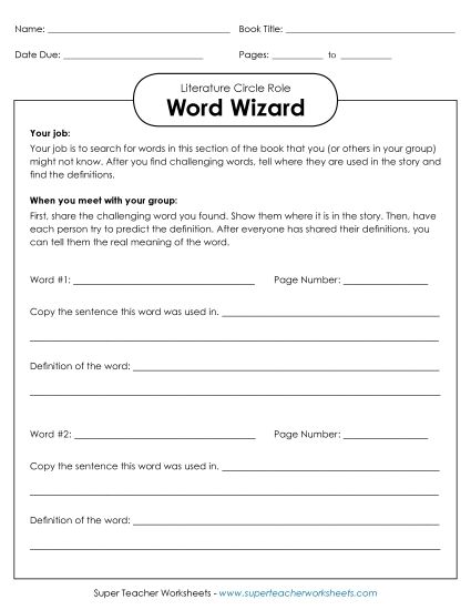 Literature Circle Roles - Literature Circles : Word Wizard (Printable PDF Worksheet)