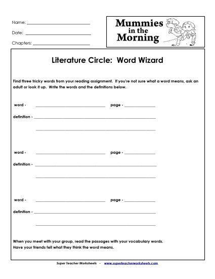 Mummies in the Morning Literature Circles - Literature Circles: Word Wizard (Printable PDF Worksheet)