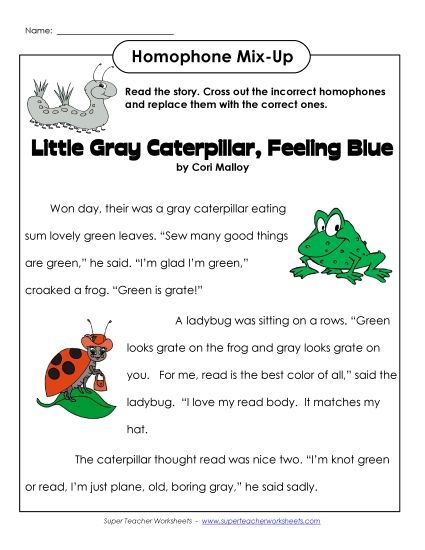 Mixed Homophones - Little Gray Caterpillar Homophone Story (Printable PDF Worksheet)