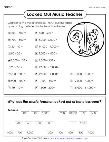Subtraction - Locked Out Teacher (Mental Subtraction) (Printable PDF Worksheet)