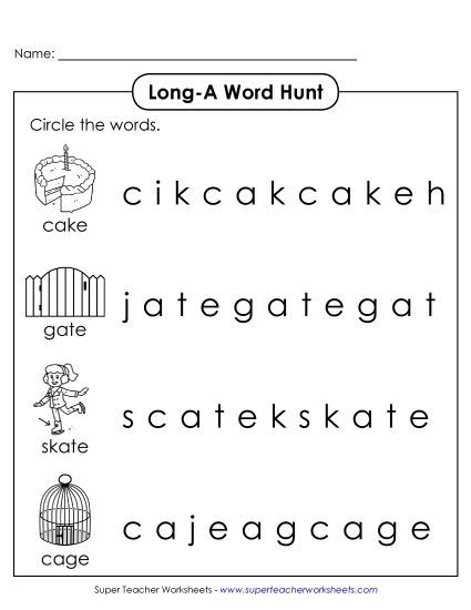 Worksheets - Long A: Horizontal Word Hunt (Illustrated) (Printable PDF Worksheet)