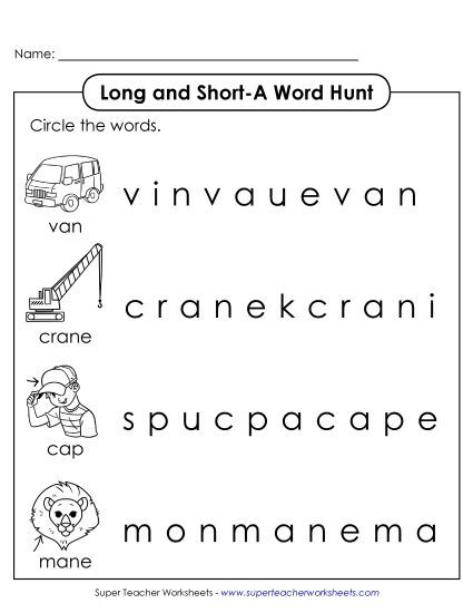 Long and Short A: Horizontal Word Hunt (Printable PDF Worksheet)