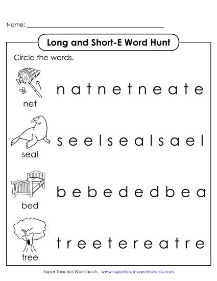 Long and Short E: Horizontal Word Hunt (Printable PDF Worksheet)