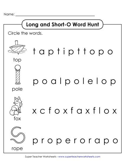 Long and Short O: Horizontal Word Hunt (Printable PDF Worksheet)