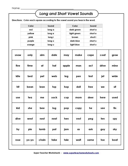 Long and Short Vowels - Long and Short Vowels: Coloring Boxes Activity (Printable PDF Worksheet)