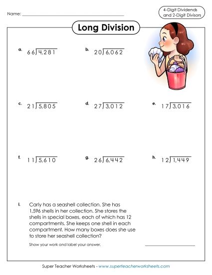 Two-Digit Divisors - Long Division: 2-Digit Divisors & 4-Digit Dividends (Printable PDF Worksheet)