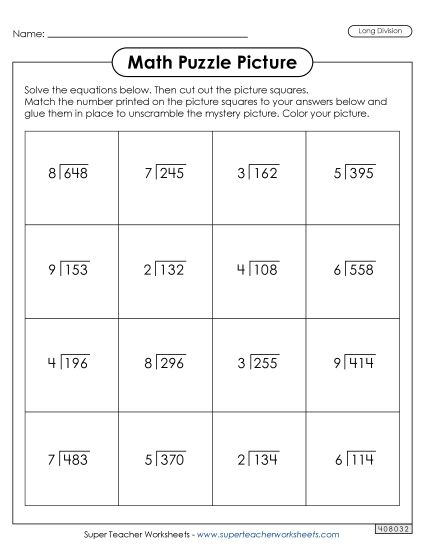 Winter Division Worksheets - Long Division - Skier Puzzle Activity (Printable PDF Worksheet)