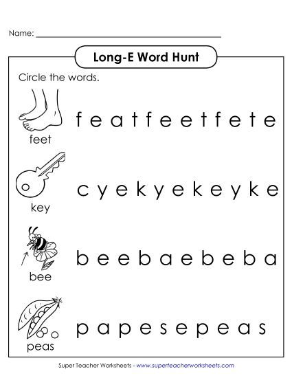 Worksheets - Long E: Horizontal Word Hunt (Illustrated) (Printable PDF Worksheet)