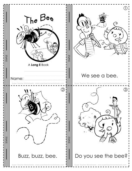 Vowels - Long E Mini-Book : Buzz, Buzz, Bee (Printable PDF Worksheet)