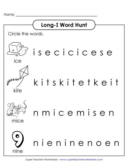Worksheets - Long I: Horizontal Word Hunt (Illustrated) (Printable PDF Worksheet)